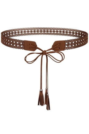 Boho Braided Tassel Belt for Women Western Ethnic Dress Belts Cowgirl Vintage Floral Hollow Waistband with Wax Rope