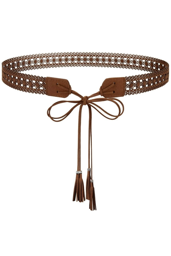 Boho Braided Tassel Belt for Women Western Ethnic Dress Belts Cowgirl Vintage Floral Hollow Waistband with Wax Rope