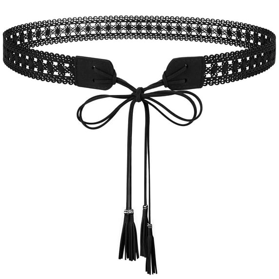 JASGOOD Boho Braided Tassel Belt for Women Western Ethnic Dress Belts Cowgirl Vintage Floral Hollow Waistband with Wax Rope