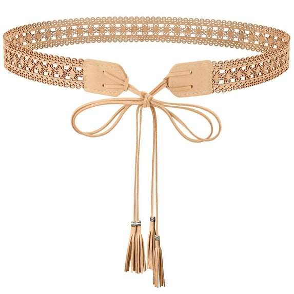 JASGOOD Boho Braided Tassel Belt for Women Western Ethnic Dress Belts Cowgirl Vintage Floral Hollow Waistband with Wax Rope