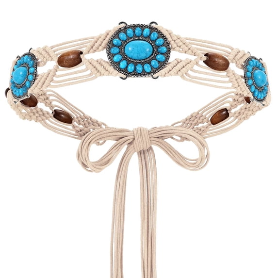 JASGOOD Boho Turquoise Belt for Women Wax Rope Braided Waist Belt Western Hand-Woven Bead Tassel Belts for Dresses