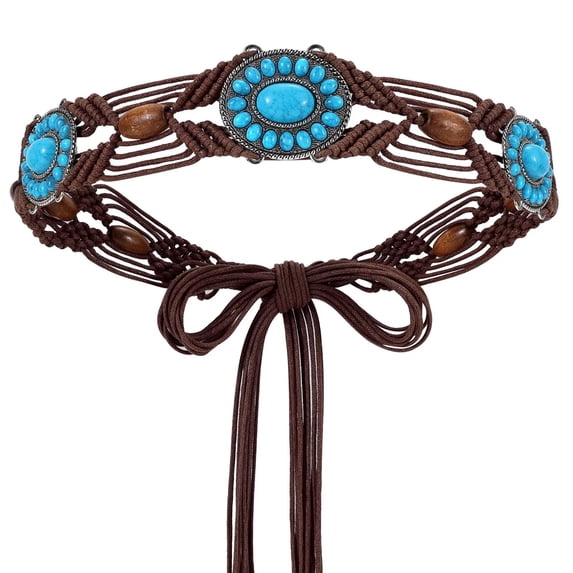 JASGOOD Boho Turquoise Belt for Women Wax Rope Braided Waist Belt Western Hand-Woven Bead Tassel Belts for Dresses