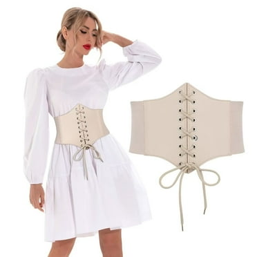 JASGOOD Corset Belt for Women Beige Wide Elastic Lace-up Leather Belts for Women Dresses