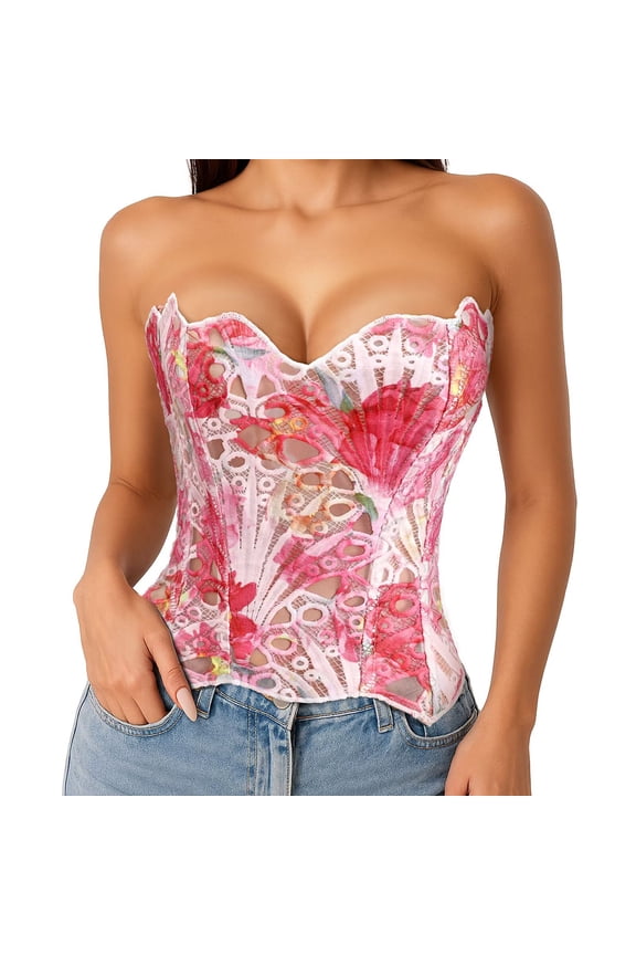 Corset Top for Women Textured Sheer Floral Lace Bustiers Cincher Lace-up Corset Overbust Top