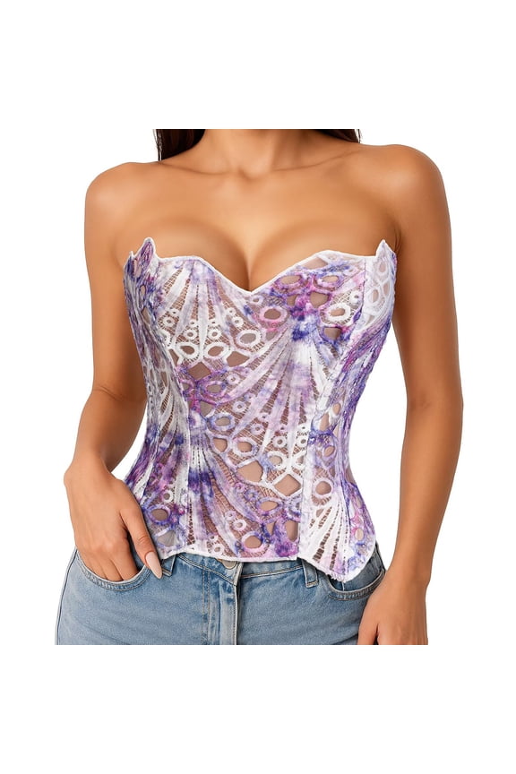 Corset Top for Women Textured Sheer Floral Lace Bustiers Cincher Lace-up Corset Overbust Top