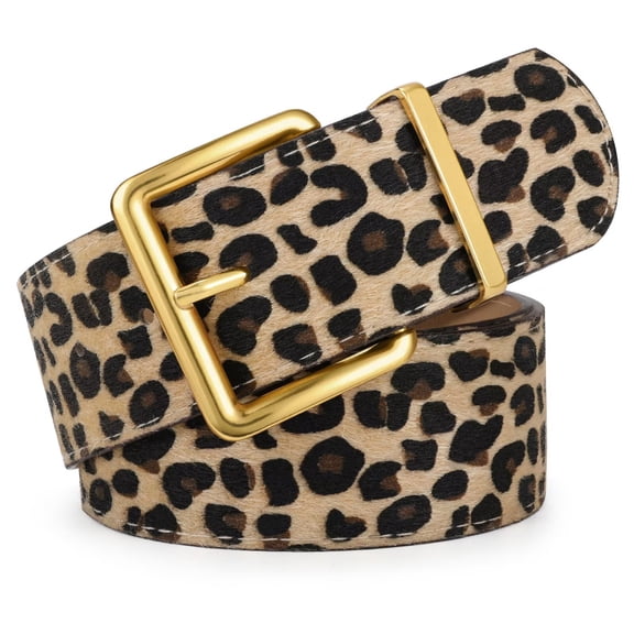 JASGOOD Fashion Leopard Print Belt for Women Suede Wide Belt with Gold Buckle