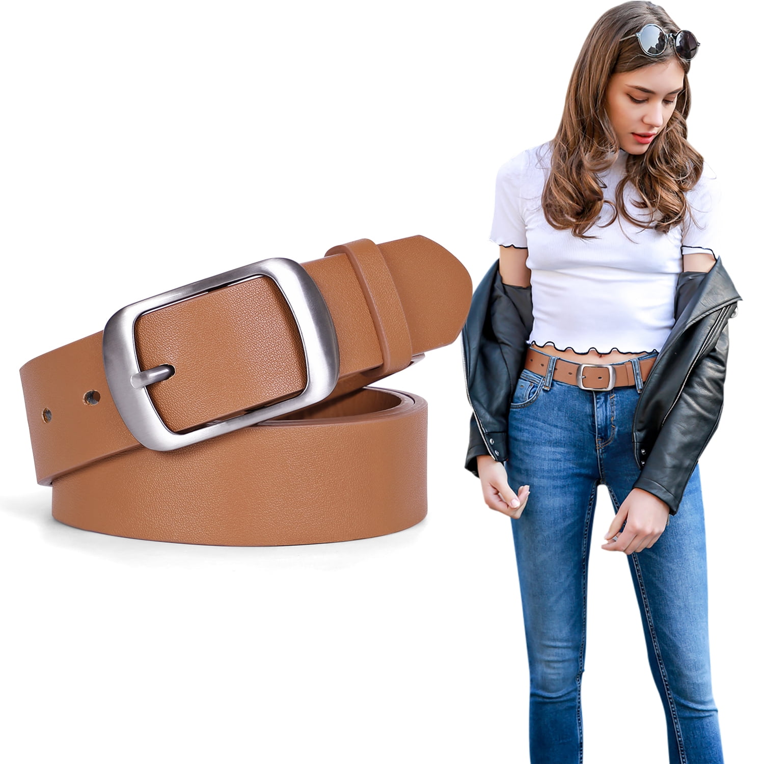 JASGOOD Women Leather Belts Dark Brown Waist Belt for Pants Jeans