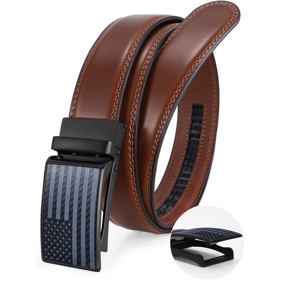 JASGOOD Men's Leather Belt American Flag Automatic Ratchet Buckle Slide Belt for Dress Casual Trim to Fit with Gift Box