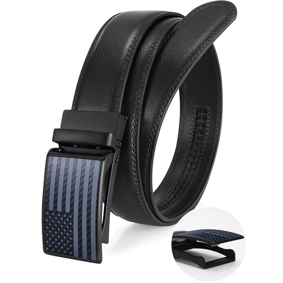 JASGOOD Men's Leather Belt American Flag Automatic Ratchet Buckle Slide Belt for Dress Casual Trim to Fit with Gift Box