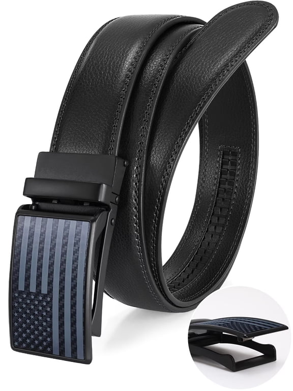 Men's Leather Belt American Flag Automatic Ratchet Buckle Slide Belt for Dress Casual Trim to Fit with Gift Box