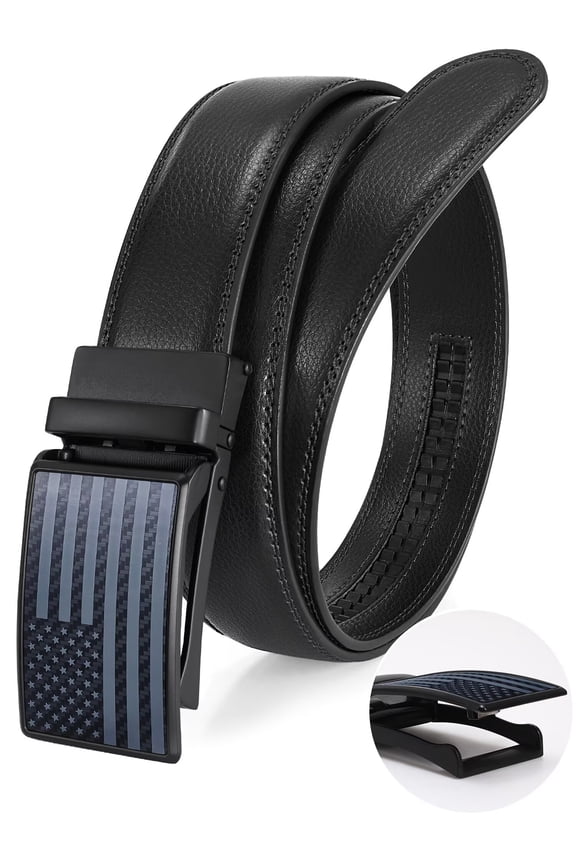 Men's Leather Belt American Flag Automatic Ratchet Buckle Slide Belt for Dress Casual Trim to Fit with Gift Box