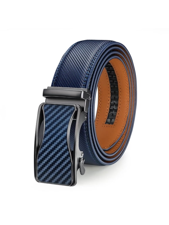 Men's Leather Belt Automatic Ratchet Buckle Slide Belt for Dress Casual Trim to Fit