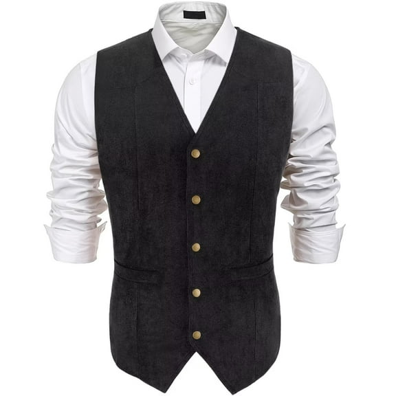 JASGOOD Men's Suit Vest Vintage Suede Leather Western Cowboy Waistcoat Black