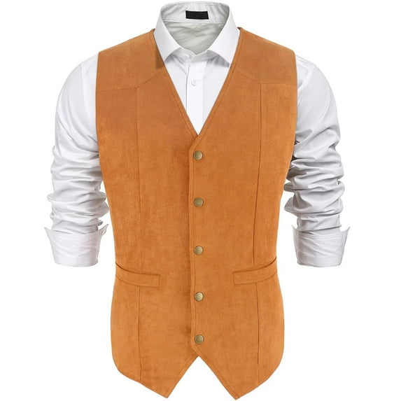 JASGOOD Men's Suit Vest Vintage Suede Leather Western Cowboy Waistcoat Brown