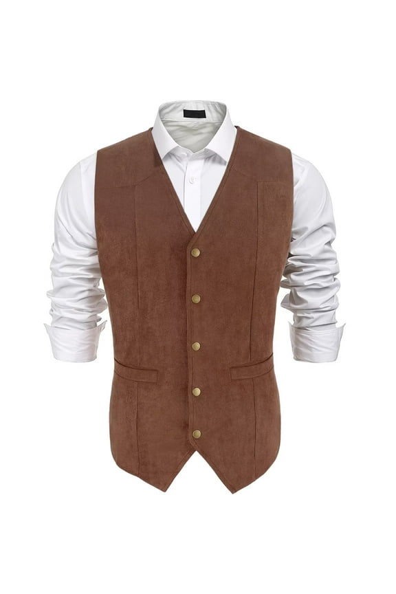 Men's Suit Vest Vintage Suede Leather Western Cowboy Waistcoat Coffee