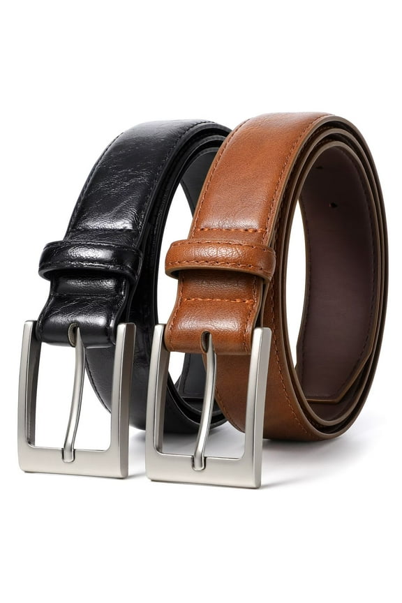 Men's Leather Belt 2 Pack Dress Belts for Everyday Work Business