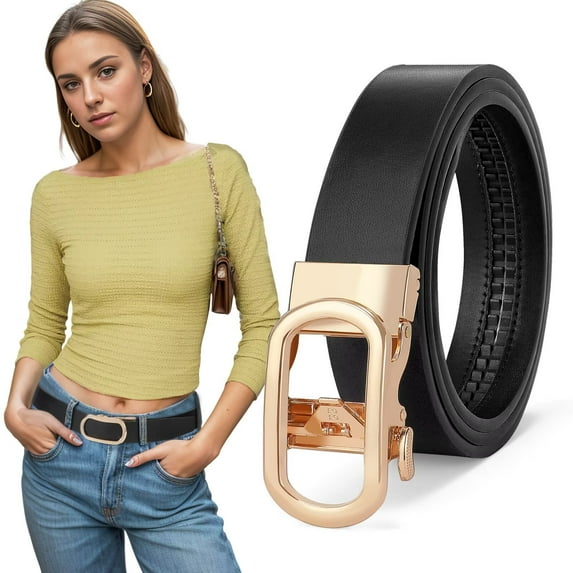 JASGOOD Ratchet Leather Belt for Women Ladies Belt with Gold Buckle, Black
