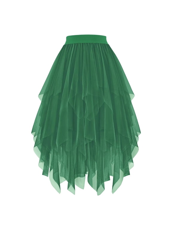 Tulle Skirts for Women High Low Layered Irregular A-Line Midi Skirt Elastic High Waist Party Skirt