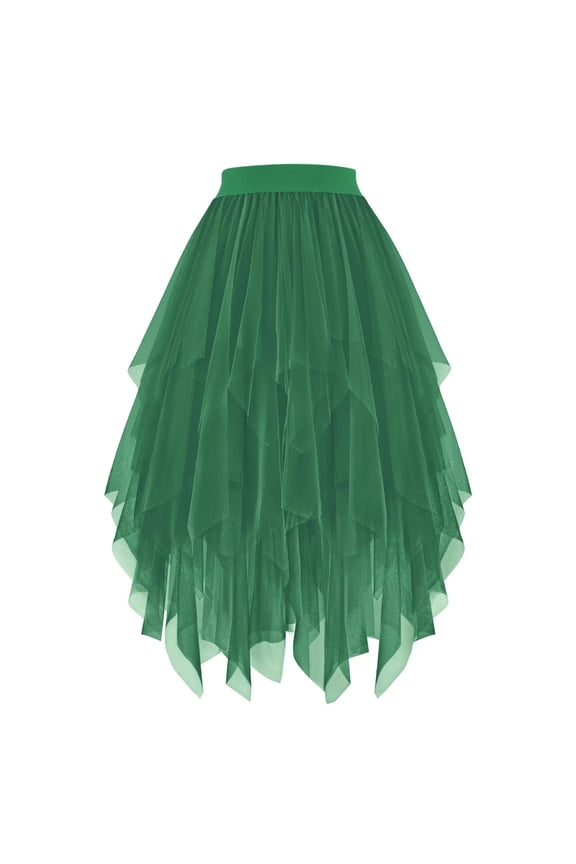 Tulle Skirts for Women High Low Layered Irregular A-Line Midi Skirt Elastic High Waist Party Skirt