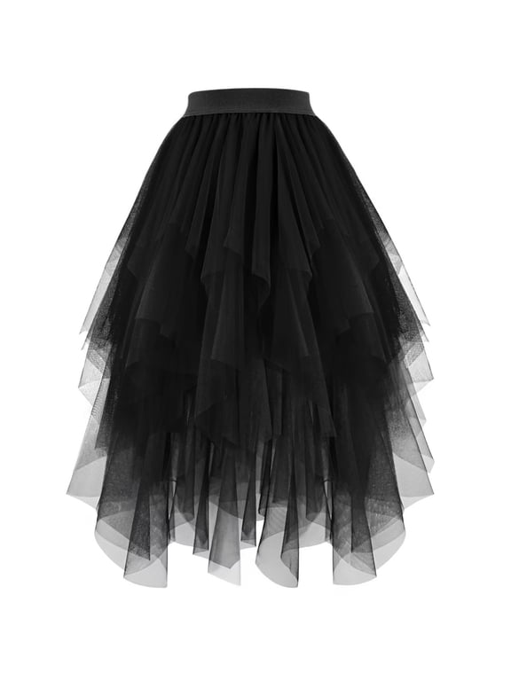 Tulle Skirts for Women High Low Layered Irregular A-Line Midi Skirt Elastic High Waist Party Skirt