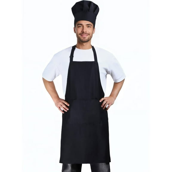 JASGOOD Unisex Apron Chef Hat Set Adjustable Bib Cooking Aprons for Men and Women