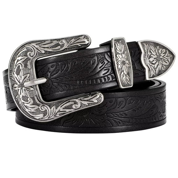 JASGOOD Western Belt for Women Vintage Floral Carved Cowboy Belt Black