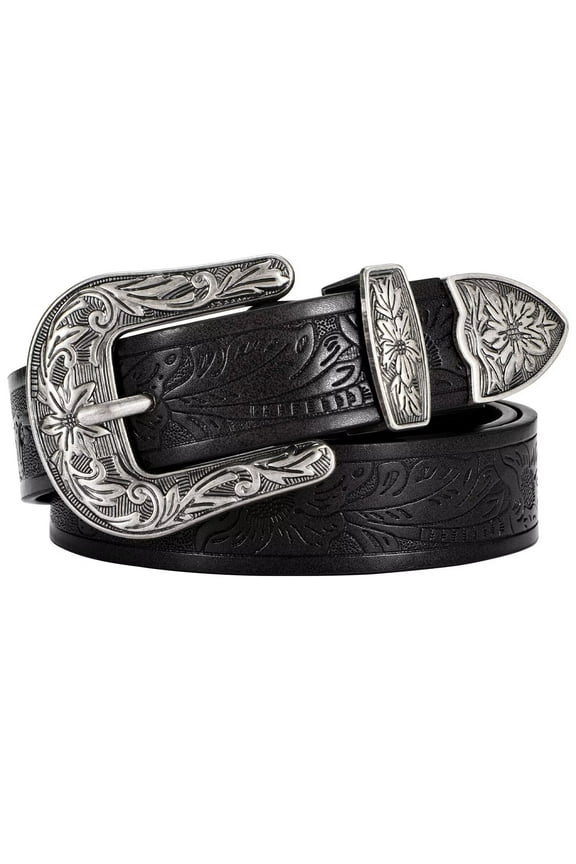 Western Belt for Women Vintage Floral Carved Cowboy Belt Black