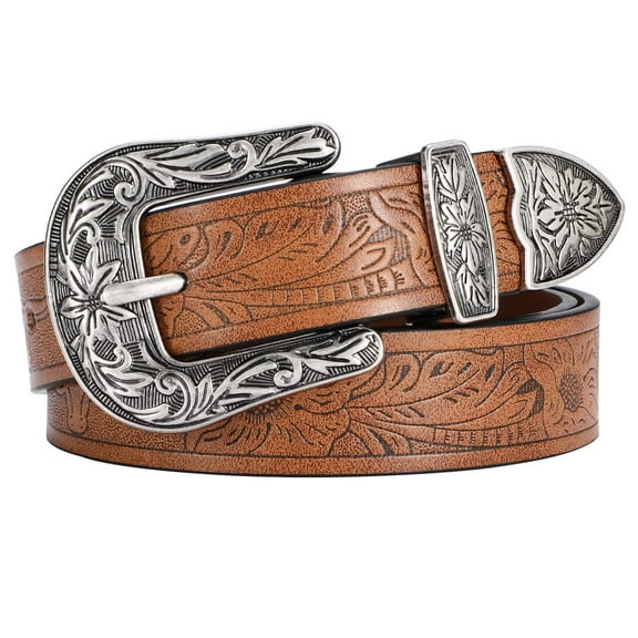 JASGOOD Western Belt for Women Vintage Floral Carved Cowboy Belt Brown