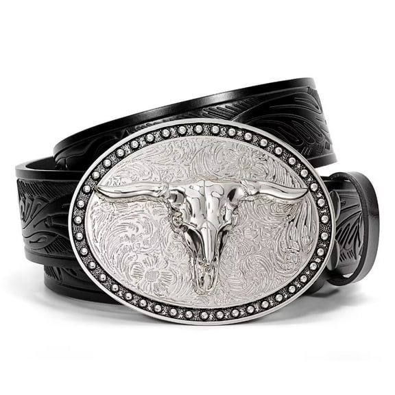 JASGOOD Western Belts for Men, Cowboy Longhorn Bull Buckle Belt Women Floral Engraved Leather Belts