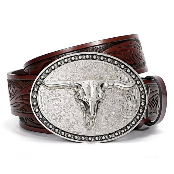 JASGOOD Western Belts for Men Floral Engraved Leather Belts with Cowboy Longhorn Bull Buckle