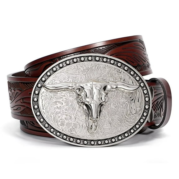JASGOOD Western Belts for Men Floral Engraved Leather Belts with Cowboy Longhorn Bull Buckle