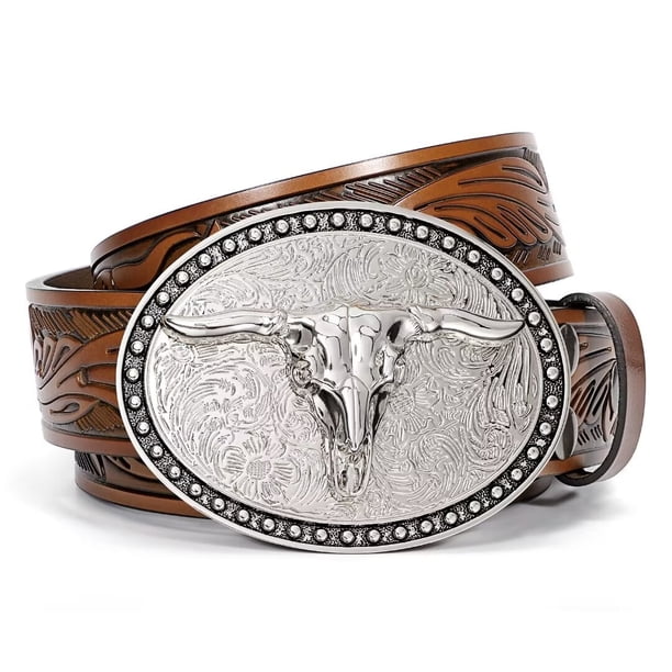 Floral Engraved Longhorn Belt for Men Women Western Cowboy Cowgirl Belt OVOY Men main image 2
