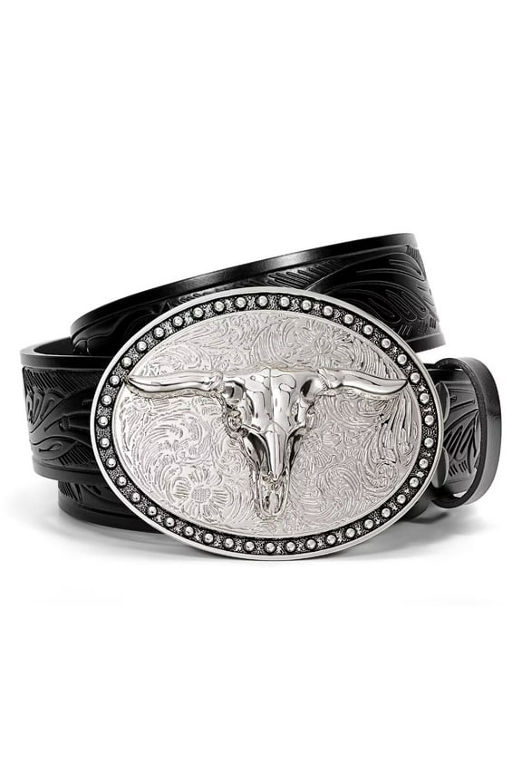 Western Belts for Men, Cowboy Longhorn Bull Buckle Belt Women Floral Engraved Leather Belts