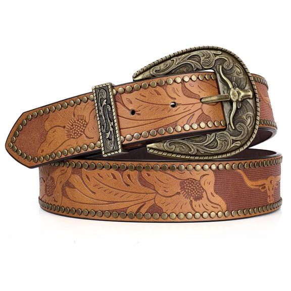 JASGOOD Western Belts for Women Vintage Brown Cowgirl Cowboy Country Belt for Jeans Pants