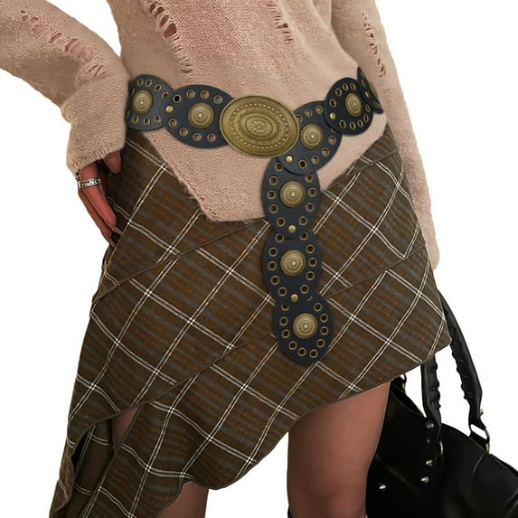 JASGOOD Western Belts for Women Vintage Disc Concho Leather Belt for Music Festival Dress Jeans