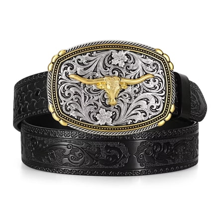 JASGOOD Western Cowboy Belts for Men Women Country Concert Belt with Vintage Big Buckle Black