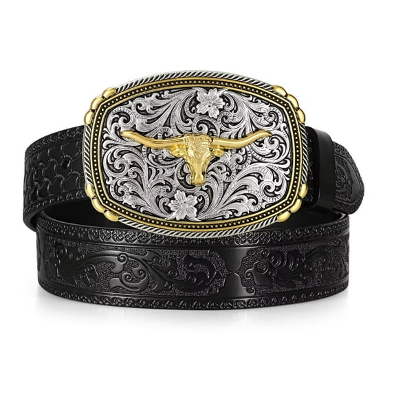 JASGOOD Western Cowboy Belts for Men Women Country Concert Belt with Vintage Big Buckle Black