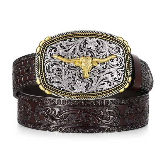 JASGOOD Western Cowboy Belts for Men Women Country Concert Belt with Vintage Big Buckle Coffee