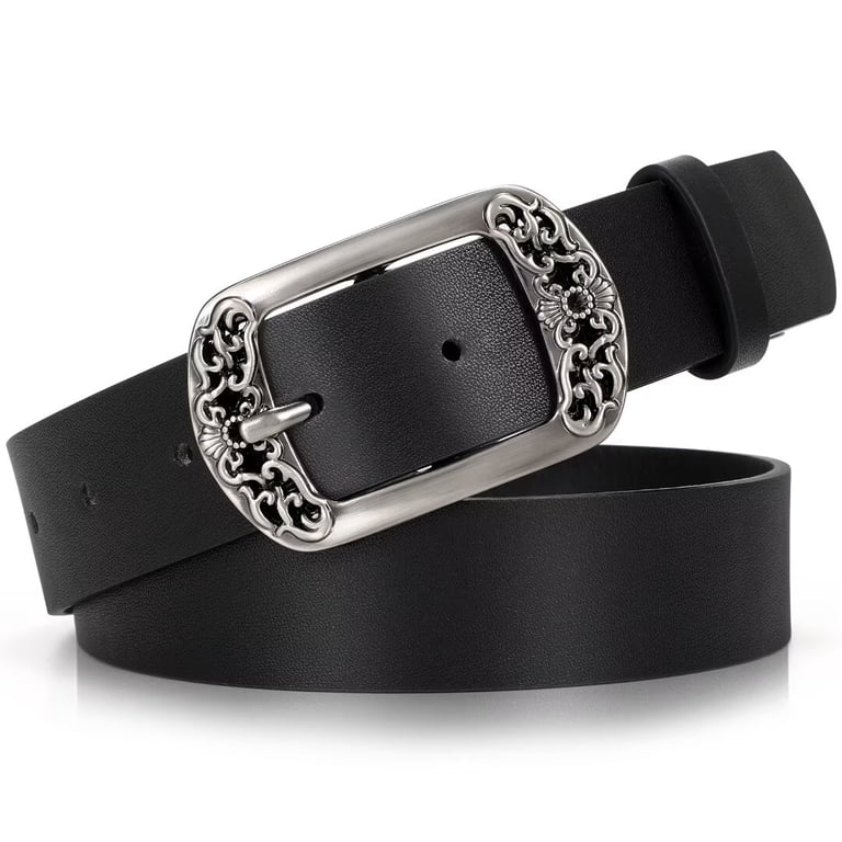 Women\'s Black Leather Belt with Engraved Silver Buckle Engraved buckle leather belt in black and silver main image 4