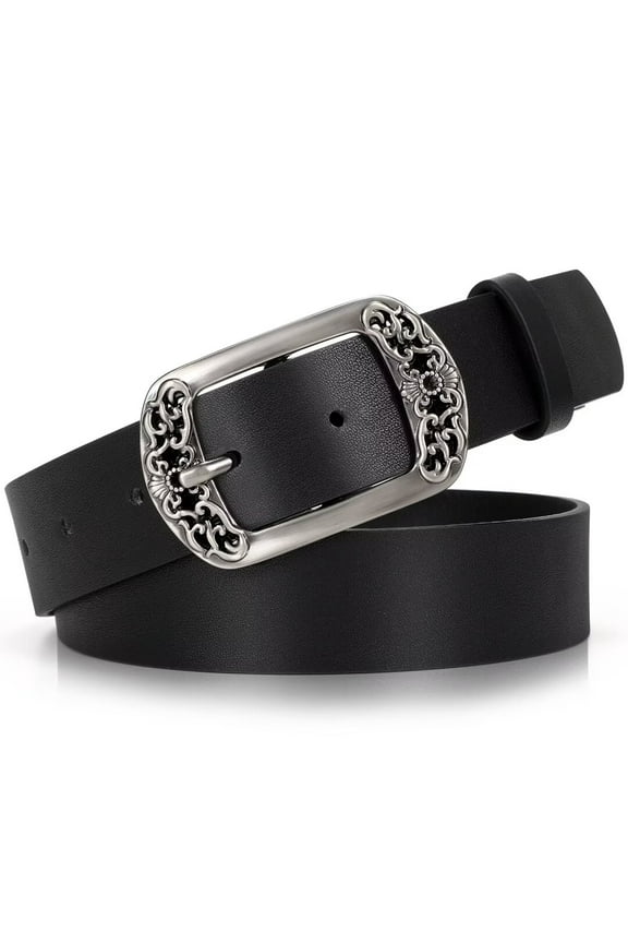 Women Belts Plus Size Leather Western Belt for Jeans with Engraved Buckle