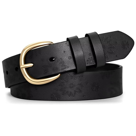 JASGOOD Women Casual Belt Floral Pattern PU Leather Belts for Jeans Pant Black