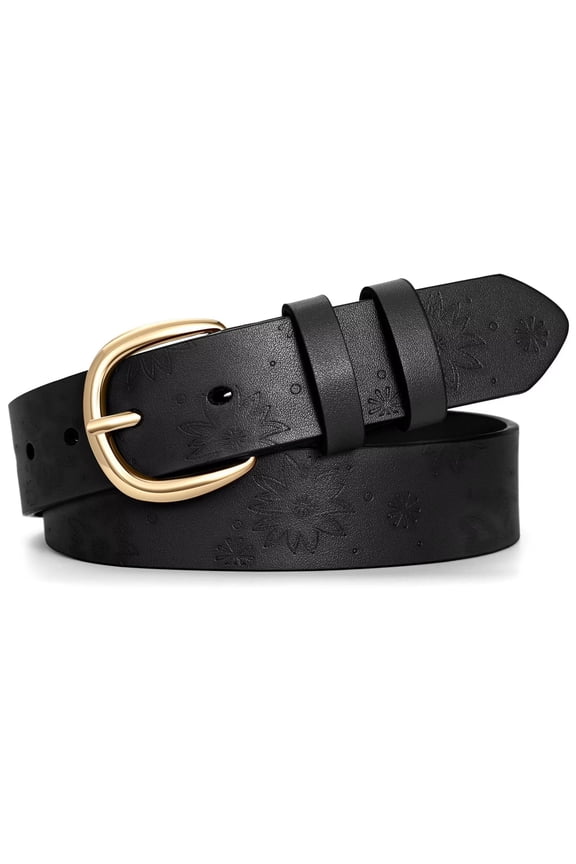 Women Casual Belt Floral Pattern PU Leather Belts for Jeans Pant Black