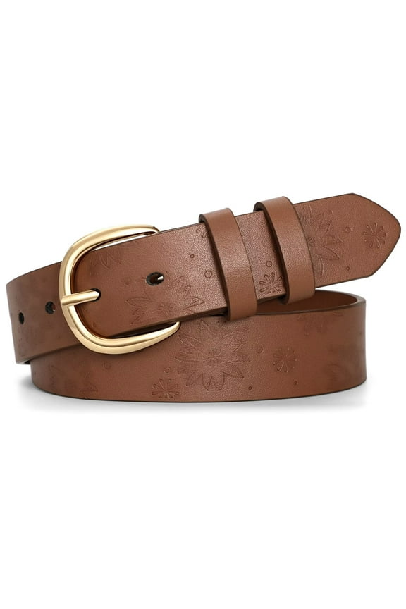 Women Casual Belt Floral Pattern PU Leather Belts for Jeans Pant Brown