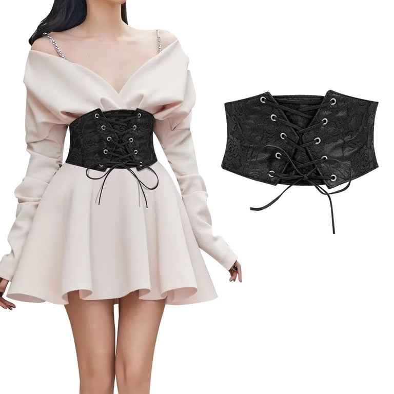 Elastic Corset Belt Wide Lace Up Faux Leather Adjustable Costume Accessory Tosmifairy Vintage Faux Leather Corset Belt Sides Lace-up  main image 4