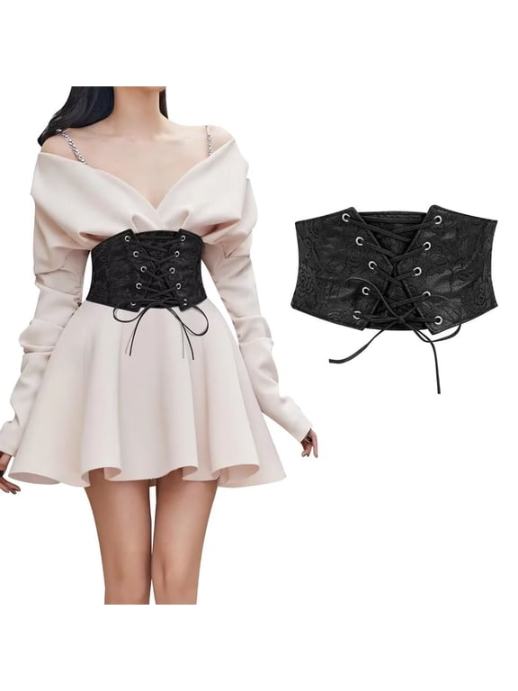 Women Elastic Wide Belt Lace-up Tied Waspie Black Corset Belts for Dress