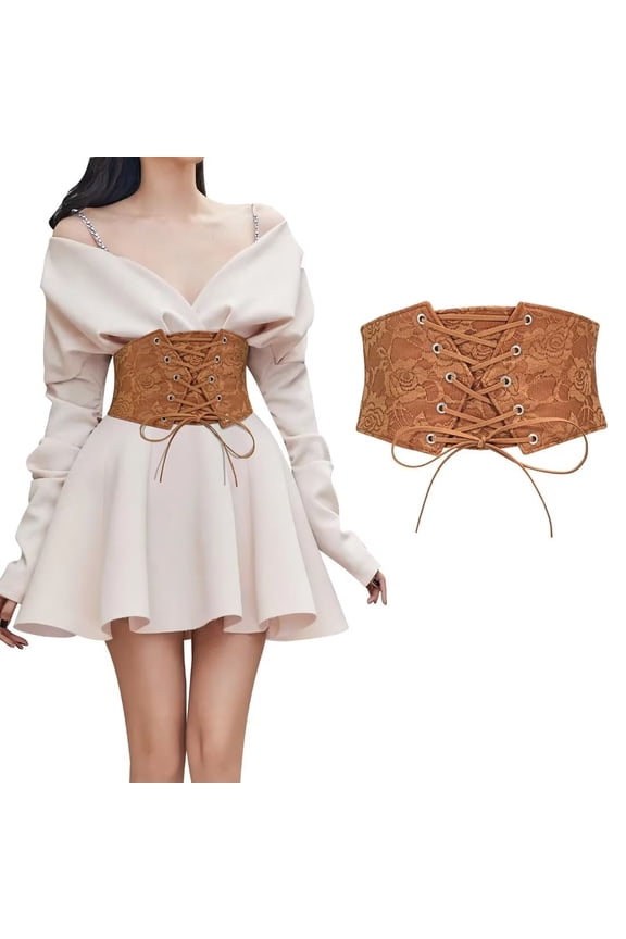 Women Elastic Wide Belt Lace-up Tied Waspie Brown Corset Belts for Dress