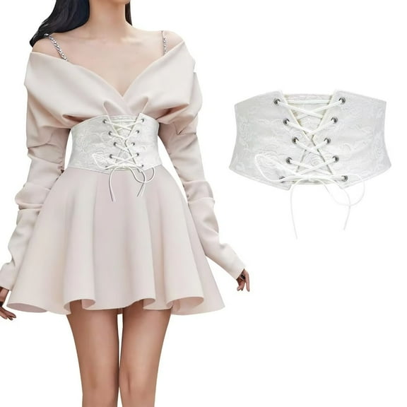 JASGOOD Women Elastic Wide Belt Lace-up Tied Waspie White Corset Belts for Dress