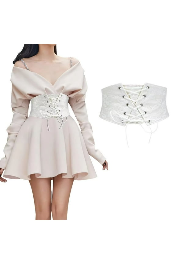 Women Elastic Wide Belt Lace-up Tied Waspie White Corset Belts for Dress