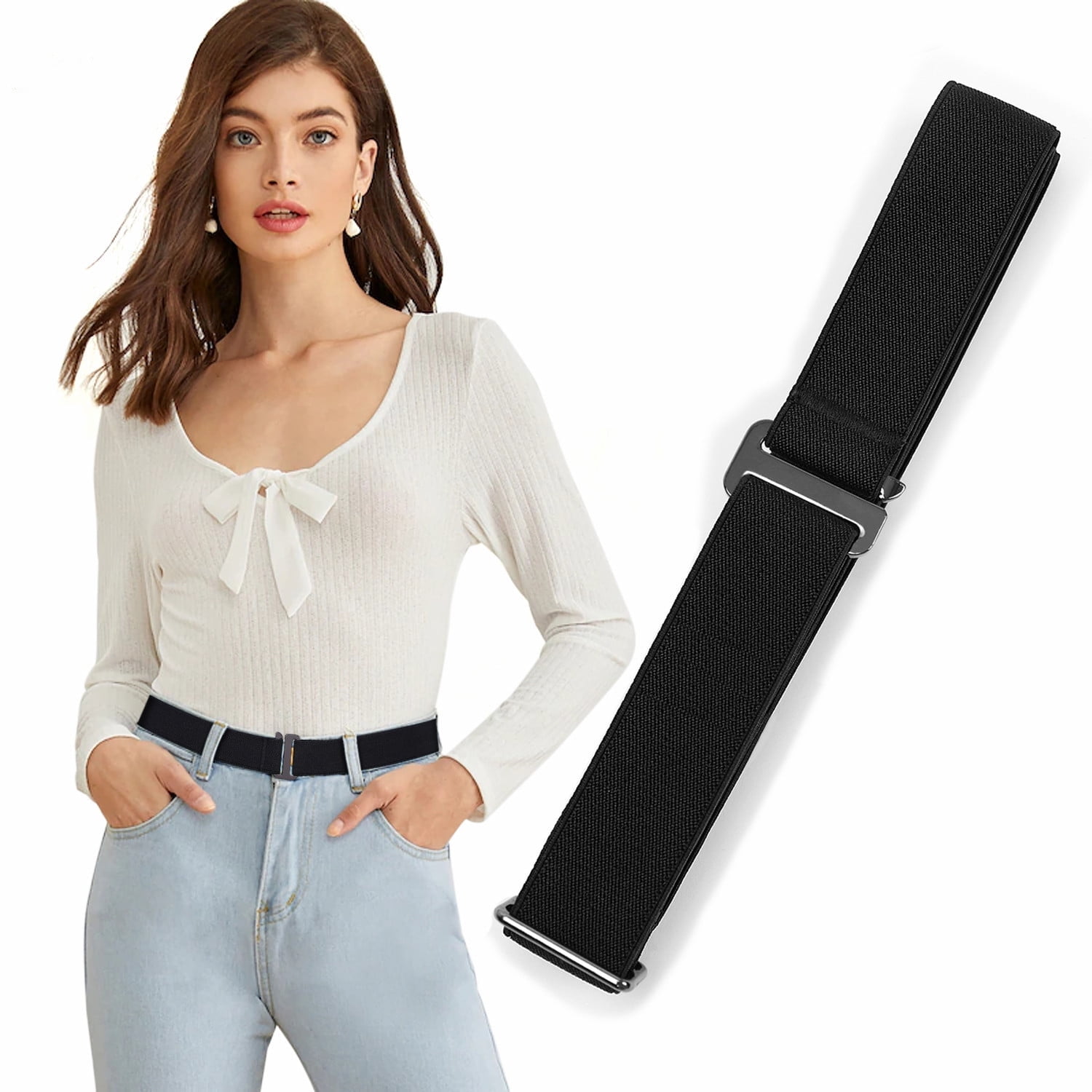 JASGOOD Women Invisible Belt, Buckleless Stretch Elastic  Black Belt