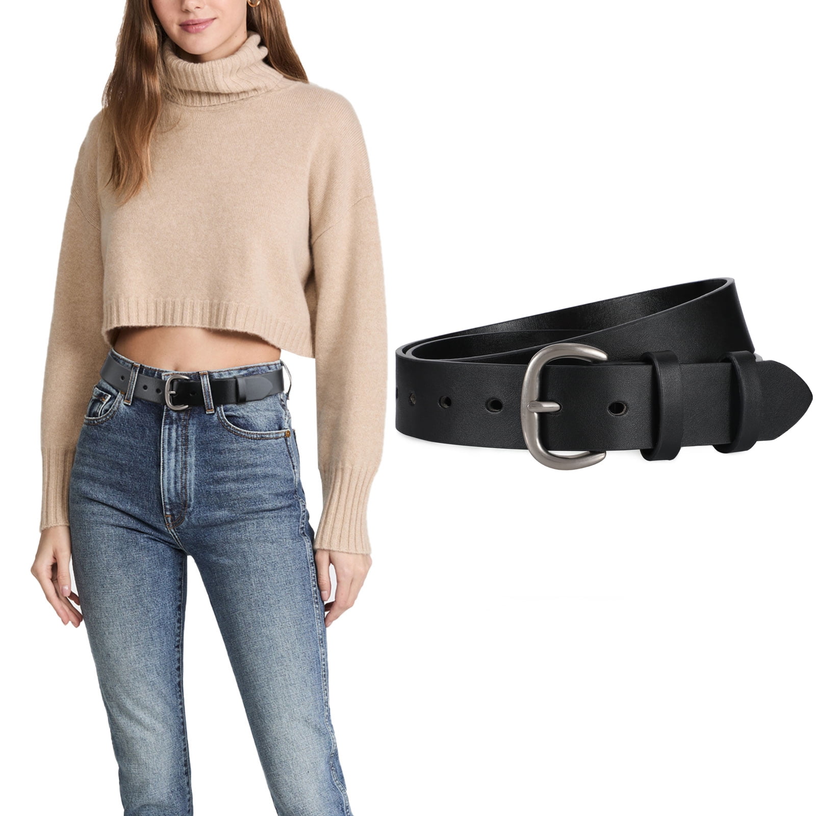 JASGOOD Women Leather Belt Black Waist Belts for Pants Jeans Dresses